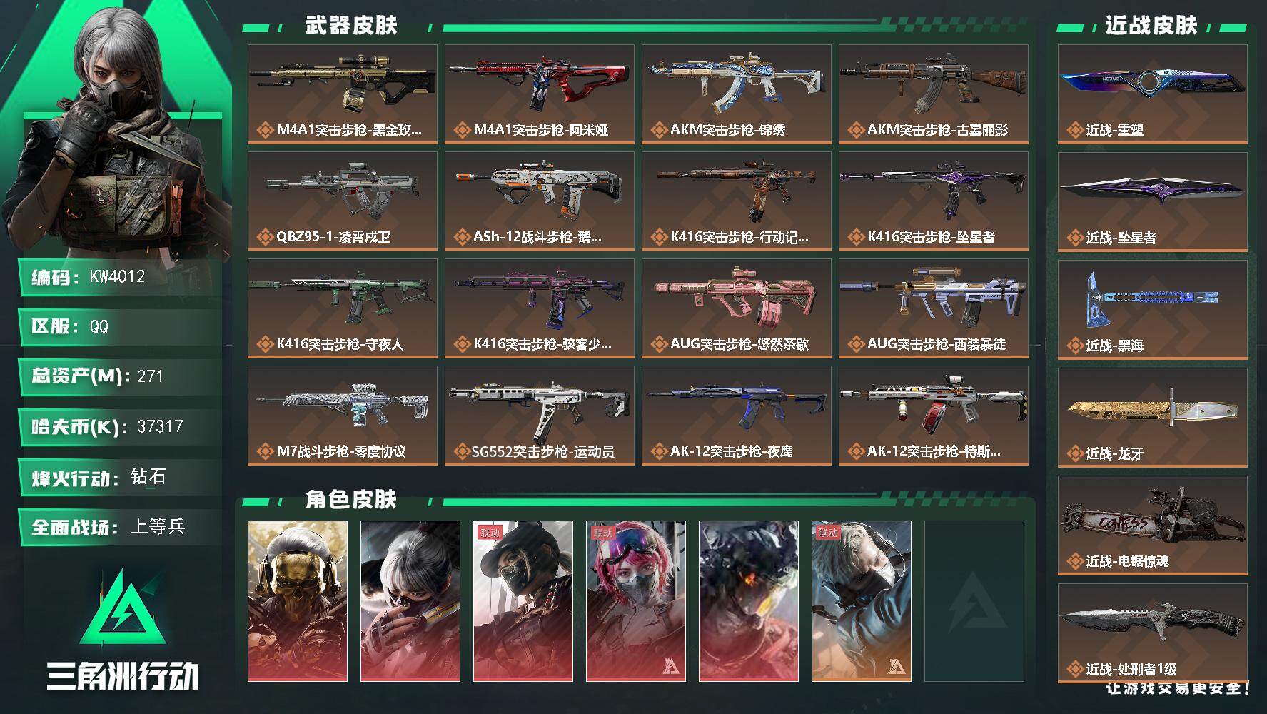 三角洲行动账号QQ【KW4012】总资产271M/哈夫币3731万/传说近战数6/干员外观数17/传说枪皮数63/战场等级32/行动等级60/安全箱等时效性道具以游戏内数据为准，详情请看图/黑夜猎手/命运之轮/灵魂摇