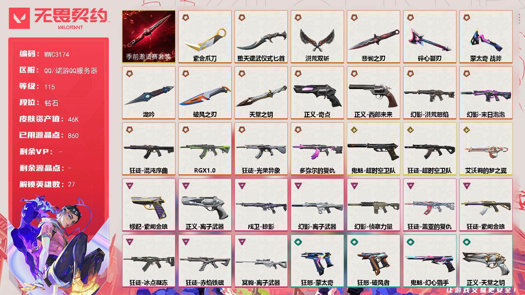 【WWC3174】LV等级115/皮肤总价值46890/段位钻石/总皮肤数量77/刀皮数量9/枪皮数量68/套装数量1/具体详情请看图/追猎-失速落日/追猎-灵魂迸发/蜂刺-破风者/蜂刺-甜心猎手/蜂刺-失速落日/幻棱/炼狱/维斯/暮蝶/壹决/铁臂/捷风/雷兹/幽影/不死鸟/贤者/猎枭/蝰蛇/零/芮娜/奇乐/尚勃勒/霓虹/斯凯/夜露/星礈/K/O/海神/盖可/黑梦/禁灭/迷核/雄鹿-风暴之子/雄鹿-失速落日/骇灵-蒙太奇/骇灵-灵魂迸发/骇灵-失速落日/獠犬-诛心猎手/獠犬-灵魂迸发/判官-龙门/幻影-洪荒怒焰/幻影-末日泡泡/幻影-离子武器/幻影-侦察力量/幻影-蒙太奇/幻影-甜心猎手/幻影-龙门/幻影-潜夜暗魇/拼一枪 喷漆/双人比心 喷漆/买装还是存钱 喷漆/胜利属于无畏契约 喷漆/GLHF 喷漆/无畏契约 喷漆/戍卫-掠影/戍卫-破风者/戍卫-甜心猎手/戍卫-风暴之子/热舞环节 卡面/无畏契约GO！第一卷：芮娜 卡面/无畏契约GO！第一卷：零 卡面/代号红色 卡面/新兵报到 卡面/V契约 卡面/无畏契约 卡面/近战武器-泷吟/近战武器-蒙太奇 战斧/近战武器-碎心裂刃/近战武器-无畏契约季前邀请赛 悲悯之刃/近战武器-紫金爪刀/近战武器-堕天遗武 仪式匕首/近战武器-洪荒双斩/近战武器-破风之刃/近战武器-天堂之钥/飞将-超集系统/飞将-潜夜暗魇/无畏契约季前邀请赛套装/狂徒-混沌序曲/狂徒-RGX 11z Pro/狂徒-光荣异象/狂徒-多弥尔的复仇/狂徒-超时空卫队/狂徒-冰点凝冻/狂徒-盖亚的复仇/狂徒-紫阙金琅/狂徒-赤焰铁骥/狂徒-幻心猎手/狂徒-天堂之钥/狂徒-破风者/狂徒-超集系统/瞬云履 挂饰/天外飞客 挂饰/无畏契约 纪念币 挂饰/标配-紫阙金琅/标配-超集系统/冥驹-离子武器/冥驹-诛心猎手/冥驹-风暴之子/短炮-甜心猎手/短炮-龙门/狂怒-蒙太奇/狂怒-破风者/狂怒-潜夜暗魇/鬼魅-超时空卫队/鬼魅-幻心猎手/正义-奇点/正义-西部未来/正义-离子武器/正义-天堂之钥/正义-诛心猎手/正义-风暴之子/战神-蒙太奇/战神-天堂之钥/战神-龙门/莽侠-天堂之钥/莽侠-甜心猎手/莽侠-灵魂迸发/奥丁-艾沃莉的梦之翼/奥丁-诛心猎手/奥丁-潜夜暗魇