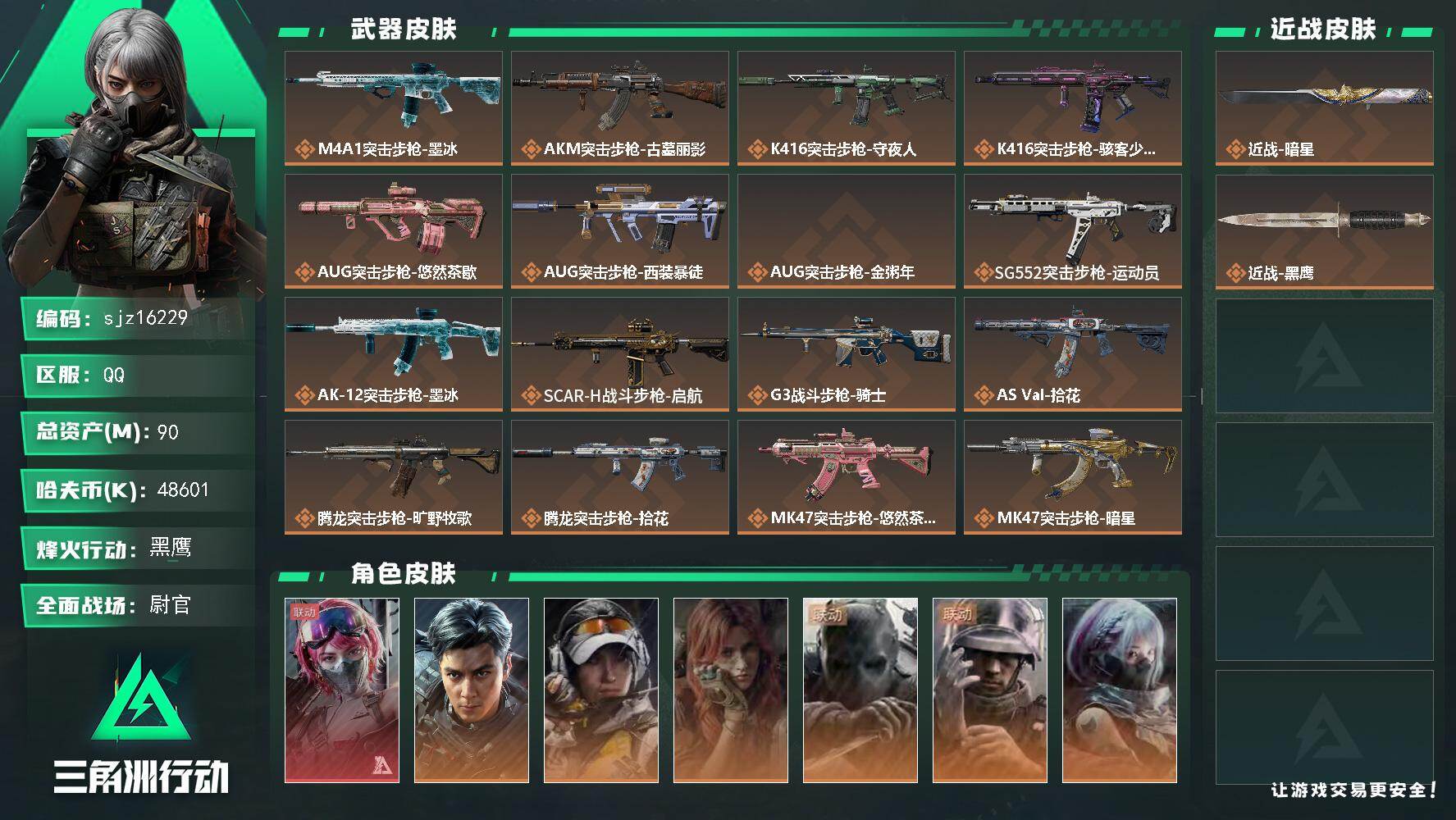 三角洲行动账号QQ总资产90.6M, 哈夫币48601K ;总资产90M/哈夫币4860万/干员外观数7/战场等级27