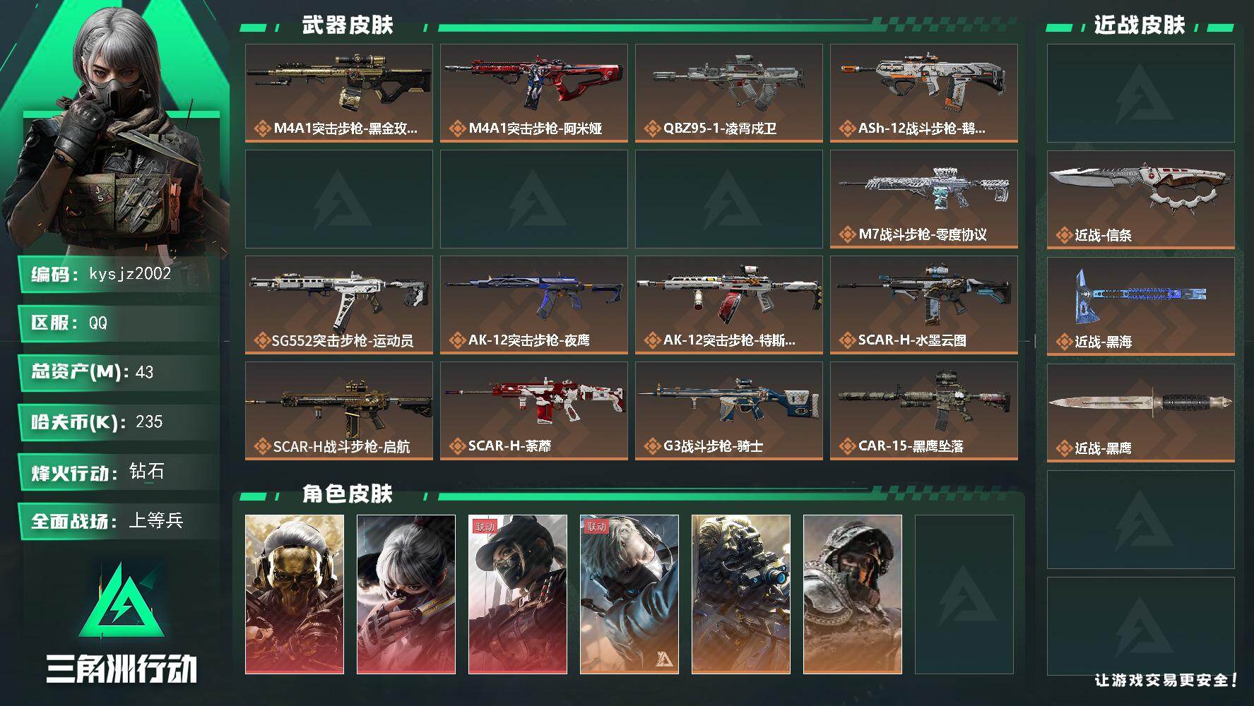 三角洲行动账号QQ43m总资产-235k哈夫币-60烽火等级-钻石-50战场等级-上等兵
【干员外观】：红狼-蚀金玫瑰