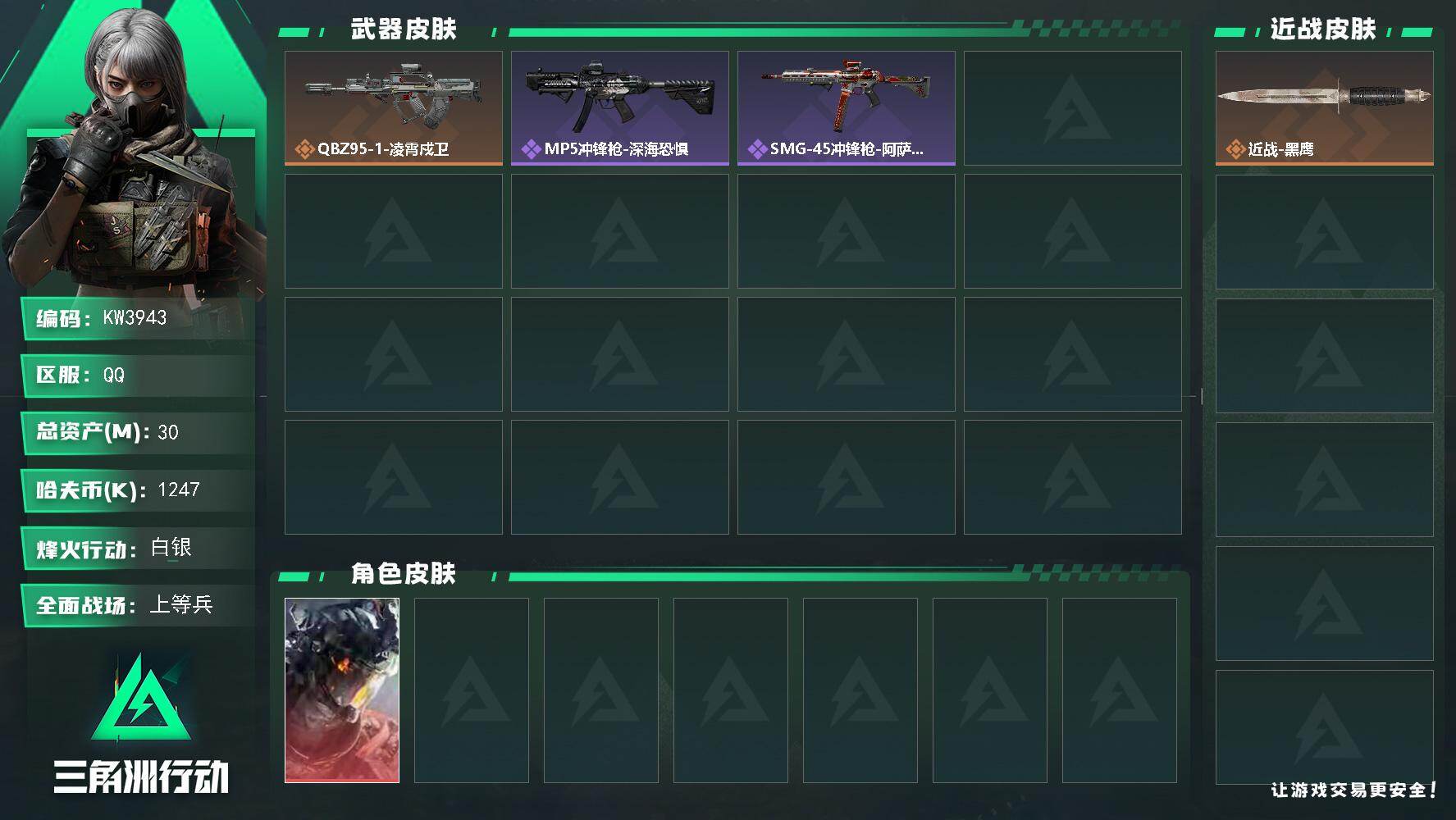 三角洲行动账号QQ【KW3943】总资产30M/哈夫币124万/干员外观数1/传说枪皮数1/战场等级24/行动等级25/安全箱等时效性道具以游戏内数据为准，详情请看图/凌霄戍卫/暗行哨兵/挂饰-洲小礼-深蓝/挂饰-洲