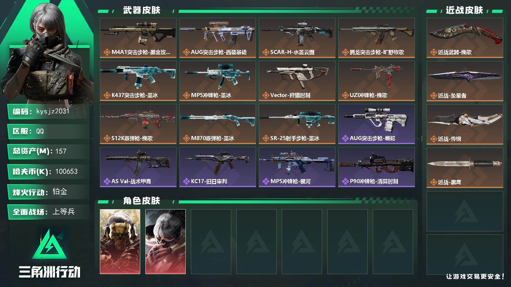 三角洲行动账号QQ157m总资产-k哈夫币-60烽火等级-铂金-30战场等级-上等兵
【干员外观】：红狼-蚀金玫瑰，骇