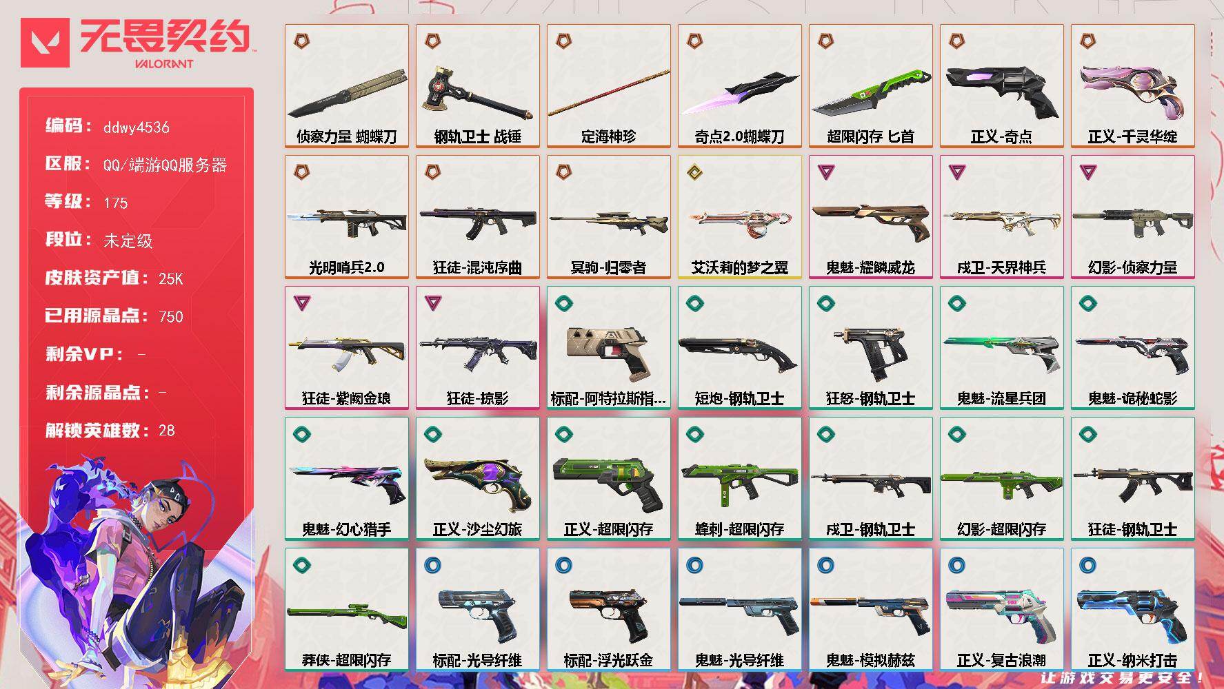 【ddwy4536】LV等级175/皮肤总价值25130/段位未定级/总皮肤数量47/刀皮数量5/枪皮数量42/具体详情请看图/蜂刺-超限闪存/蜂刺-战术小伙伴/幻棱/炼狱/维斯/暮蝶/钛狐/壹决/铁臂/捷风/雷兹/幽影/不死鸟/贤者/猎枭/蝰蛇/零/芮娜/奇乐/尚勃勒/霓虹/斯凯/夜露/星礈/K/O/海神/盖可/黑梦/钢锁/禁灭/雄鹿-模拟赫兹/骇灵-浮光跃金/骇灵-光导纤维/獠犬-模拟赫兹