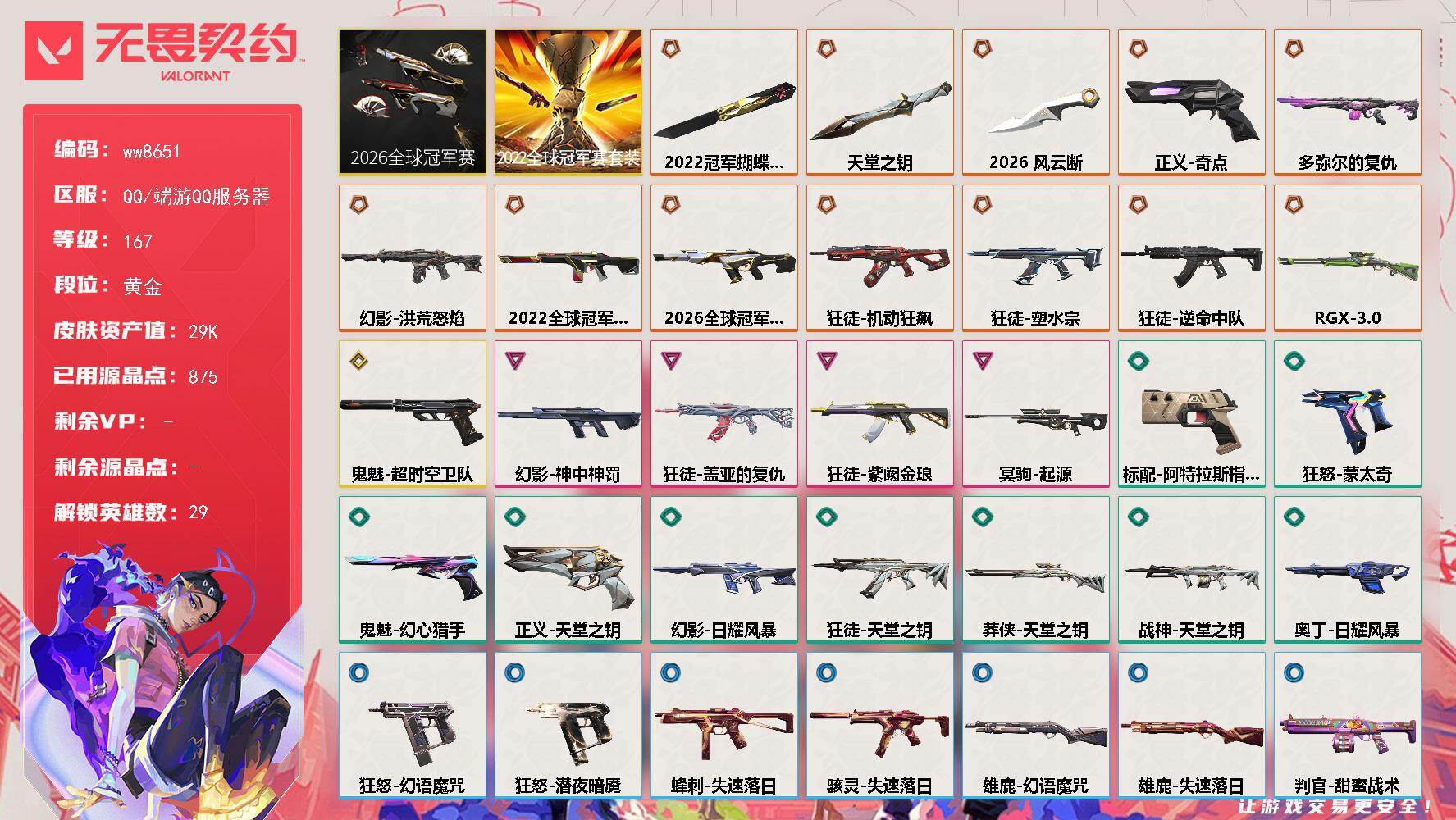 LV等级167/皮肤总价值29520/段位黄金/总皮肤数量53/刀皮数量3/枪皮数量50/套装数量2/具体详情请看图/追猎-失速落日/追猎-灵魂迸发/蜂刺-失速落日/幻棱/炼狱/维斯/暮蝶/钛狐/壹决/铁臂/捷风/雷兹/幽影/不死鸟/贤者/猎枭/蝰蛇/零/芮娜/奇乐/尚勃勒/霓虹/斯凯/夜露/星礈/K/O/海神/盖可/黑梦/钢锁/禁灭/迷核/雄鹿-幻语魔咒/雄鹿-失速落日/骇灵-失速落日/判官