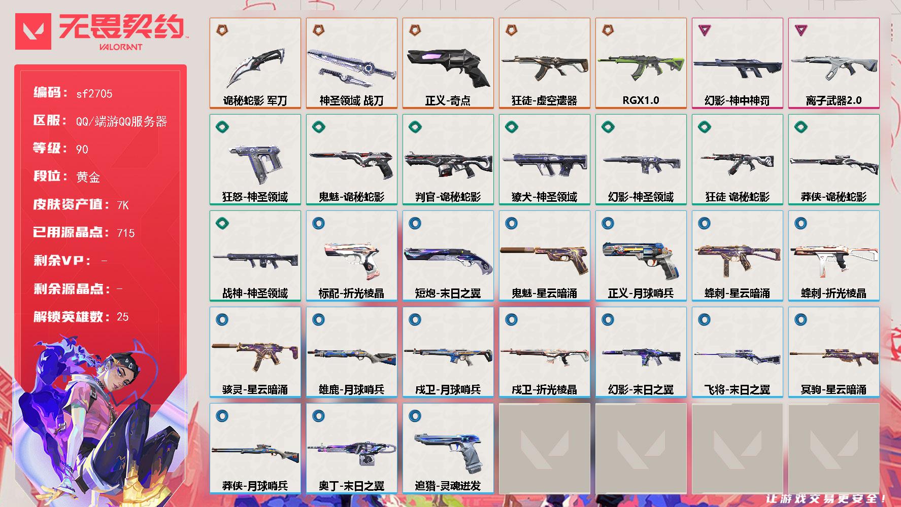 【sf2705】LV等级90/皮肤总价值7350/段位黄金/总皮肤数量32/刀皮数量2/枪皮数量30/具体详情请看图/追猎-灵魂迸发/蜂刺-星云暗涌/蜂刺-折光棱晶/幻棱/炼狱/维斯/暮蝶/钛狐/壹决/铁臂/捷风/雷兹/幽影/不死鸟/贤者/猎枭/零/芮娜/尚勃勒/霓虹/斯凯/夜露/星礈/K/O/海神/盖可/黑梦/禁灭/雄鹿-月球哨兵/骇灵-星云暗涌/獠犬-神圣领域/判官-诡秘蛇影/幻影-神中神