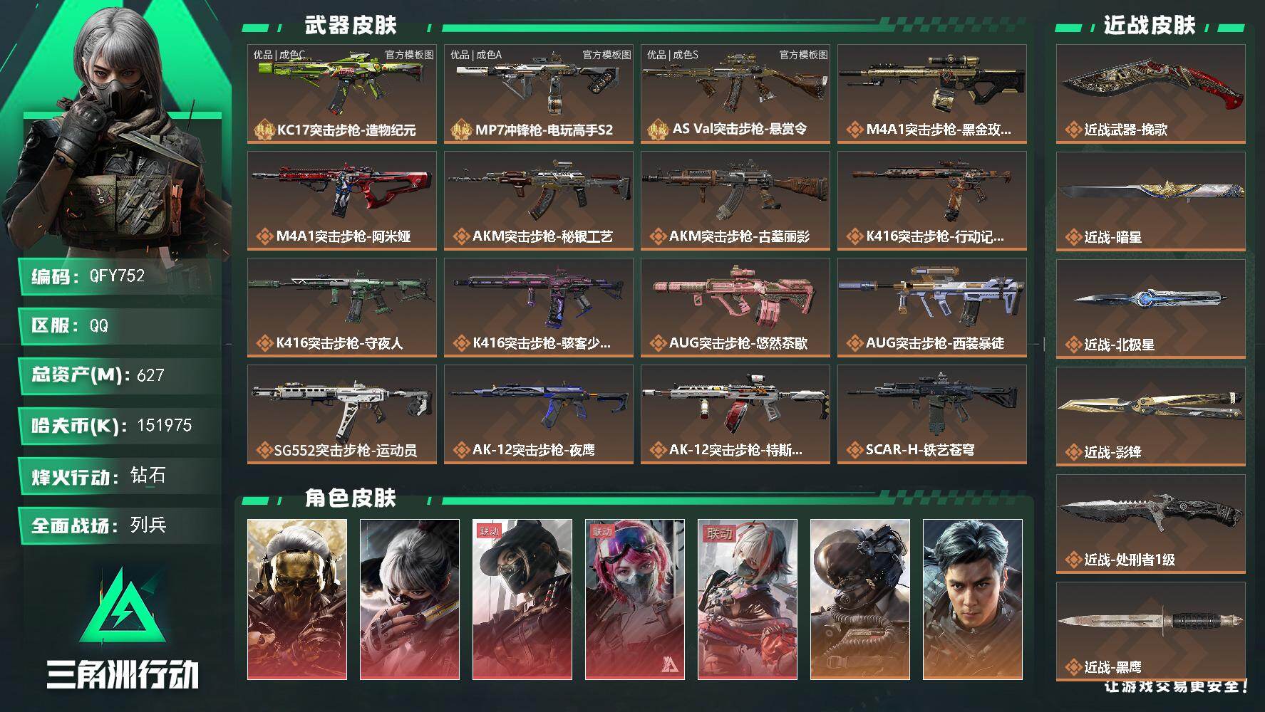 QFY752/QQ区/【黑胡桃配色巨浪+法拉利红配色MP7电玩+KC17造物纪元多巴胺配色看图~】【高资产628M高纯币+极品3典藏5刀5红（2绝版红）+吴彦祖+非洲之心高爆率+258发AWM子弹+满级仓库+满体满负+收藏超多大红+S11赛季安全箱+零号玩家安全箱外观+巴别塔三幻神皮肤资产满级成品号】【总资产:628M】【巨浪悬赏令（优品S）+MP7电玩（优品A）+KC17造物纪元】【近战-影锋+近战-北极星+近战-暗星+近战-挽歌+近战-处刑者】【红狼-蚀金玫瑰+蛊-午夜邮差+露娜绝版红皮黑天际线+骇爪绝版红皮维什戴尔+骇爪-水墨云图】/烽火等级:60级/全面战场：28级/纯币:151M/三角券加币：180（三角币51+三角券129）【威龙-飞虎+威龙-壮志凌云+红狼-电锯惊魂+无名-夜鹰+无名-守夜人+疾风-西部往事+蜂医-无题密令+蜂医-医生+蛊-不羁人生+乌鲁鲁-荒原猎手+深蓝-不破誓约+露娜-金牌射手+骇爪-骇客少女+银翼-未结卷宗】//部门:44444/特勤等级（技术中心3级/工作台3级/制药台3级/防具台3级/仓库10级/指挥中心6级/训练中心7级/靶场7级/潜水中心2级/收藏室2级）---悠然茶歇捆绑包+墨冰捆绑包---/橙色挂饰x22/流动资产：550M段位：钻石/详细看图
