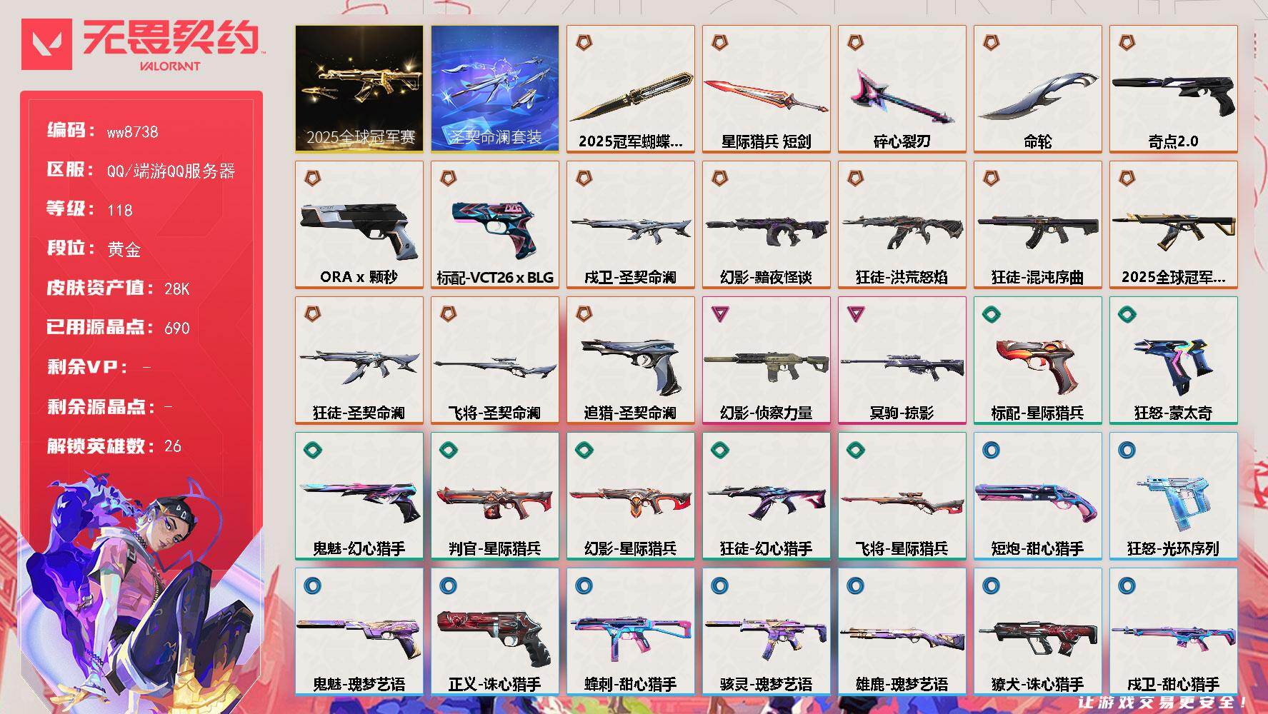 LV等级118/皮肤总价值28530/段位黄金/总皮肤数量43/刀皮数量4/枪皮数量39/套装数量2/具体详情请看图/追猎-圣契命澜/追猎-灵魂迸发/蜂刺-甜心猎手/幻棱/炼狱/维斯/暮蝶/钛狐/壹决/铁臂/捷风/雷兹/幽影/不死鸟/贤者/猎枭/零/芮娜/奇乐/尚勃勒/霓虹/斯凯/K/O/海神/盖可/黑梦/钢锁/禁灭/迷核/雄鹿-瑰梦艺语/骇灵-瑰梦艺语/獠犬-诛心猎手/判官-星际猎兵/幻影-