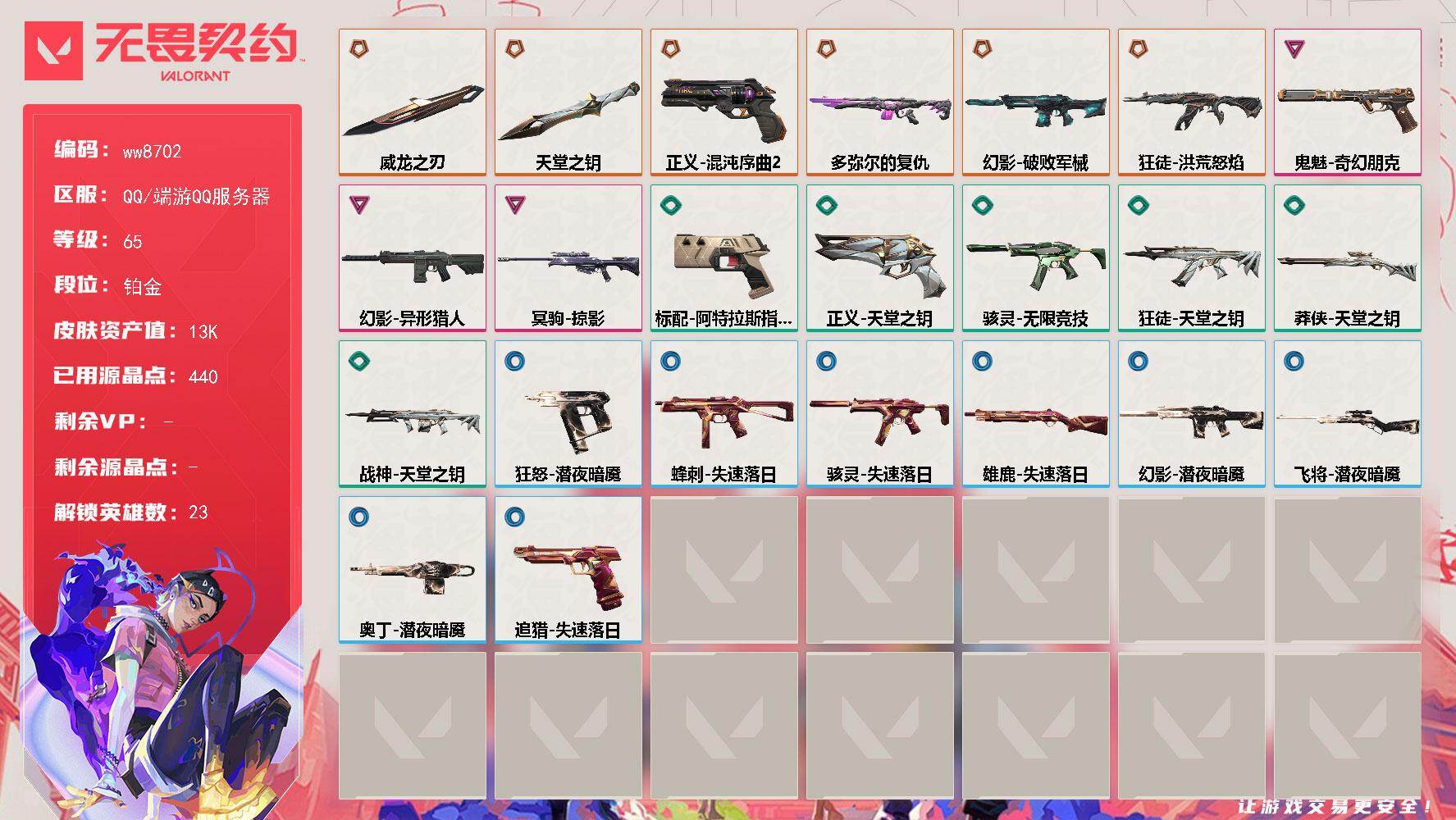 LV等级65/皮肤总价值13410/段位铂金/总皮肤数量23/刀皮数量2/枪皮数量21/具体详情请看图/追猎-失速落日/蜂刺-失速落日/幻棱/炼狱/暮蝶/壹决/铁臂/捷风/雷兹/幽影/不死鸟/贤者/猎枭/零/芮娜/奇乐/尚勃勒/霓虹/斯凯/夜露/K/O/海神/盖可/黑梦/禁灭/雄鹿-失速落日/骇灵-无限竞技/骇灵-失速落日/幻影-破败军械/幻影-异形猎人/幻影-潜夜暗魇/霓光四射 喷漆/买装还