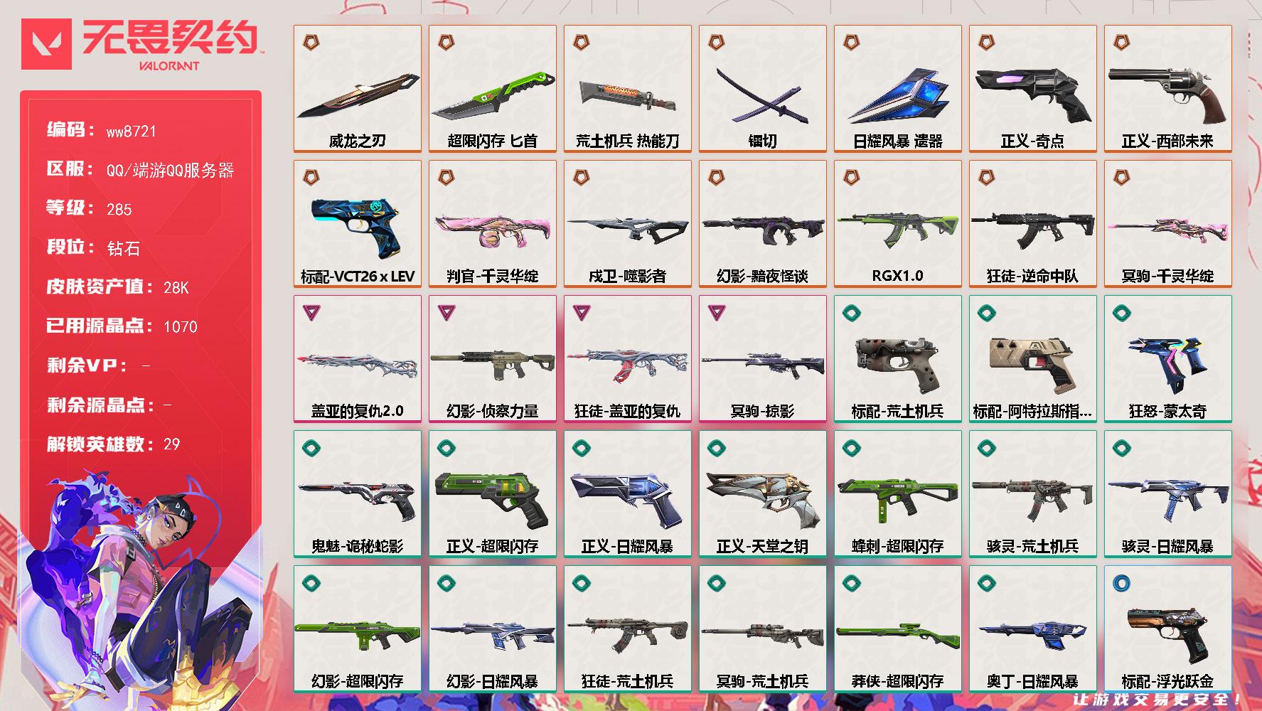 LV等级285/皮肤总价值28120/段位钻石/总皮肤数量64/刀皮数量5/枪皮数量59/具体详情请看图/追猎-灵魂迸发/蜂刺-超限闪存/幻棱/炼狱/维斯/暮蝶/钛狐/壹决/铁臂/捷风/雷兹/幽影/不死鸟/贤者/猎枭/蝰蛇/零/芮娜/奇乐/尚勃勒/霓虹/斯凯/夜露/星礈/K/O/海神/盖可/黑梦/钢锁/禁灭/迷核/雄鹿-盖亚的复仇//2.0/雄鹿-模拟赫兹/雄鹿-逆冲蛮牛/雄鹿-幻语魔咒/骇灵