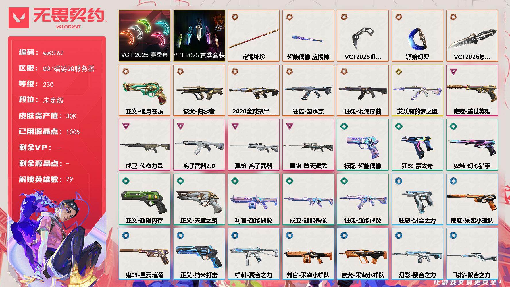 LV等级230/皮肤总价值30510/段位未定级/总皮肤数量36/刀皮数量5/枪皮数量31/套装数量2/具体详情请看图/追猎-灵魂迸发/蜂刺-聚合之力/幻棱/炼狱/维斯/暮蝶/钛狐/壹决/铁臂/捷风/雷兹/幽影/不死鸟/贤者/猎枭/蝰蛇/零/芮娜/奇乐/尚勃勒/霓虹/斯凯/夜露/星礈/K/O/海神/盖可/黑梦/钢锁/禁灭/迷核/獠犬-归零者/獠犬-采蜜小蜂队/判官-超能偶像/判官-采蜜小蜂队/