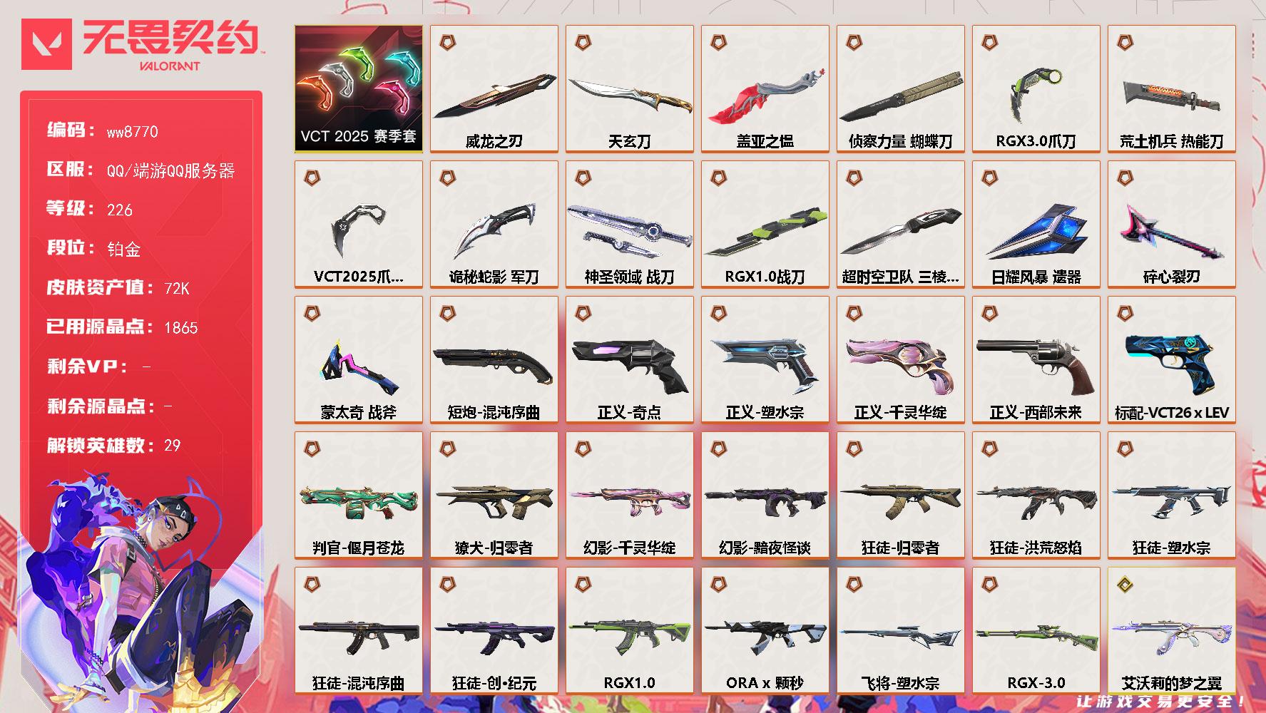 LV等级226/皮肤总价值72920/段位铂金/总皮肤数量136/刀皮数量14/枪皮数量122/套装数量1/具体详情请看图/蜂刺超限闪存/蜂刺破风者/蜂刺星云暗涌/蜂刺折光棱晶/蜂刺甜心猎手/炼狱/维斯/暮蝶/壹决/铁臂/捷风/雷兹/幽影/不死鸟/贤者/猎枭/蝰蛇/零/芮娜/奇乐/尚勃勒/霓虹/斯凯/夜露/星礈/K/O/海神/盖可/黑梦/钢锁/钛狐/幻棱/禁灭/迷核/雄鹿离子武器/雄鹿模拟赫兹