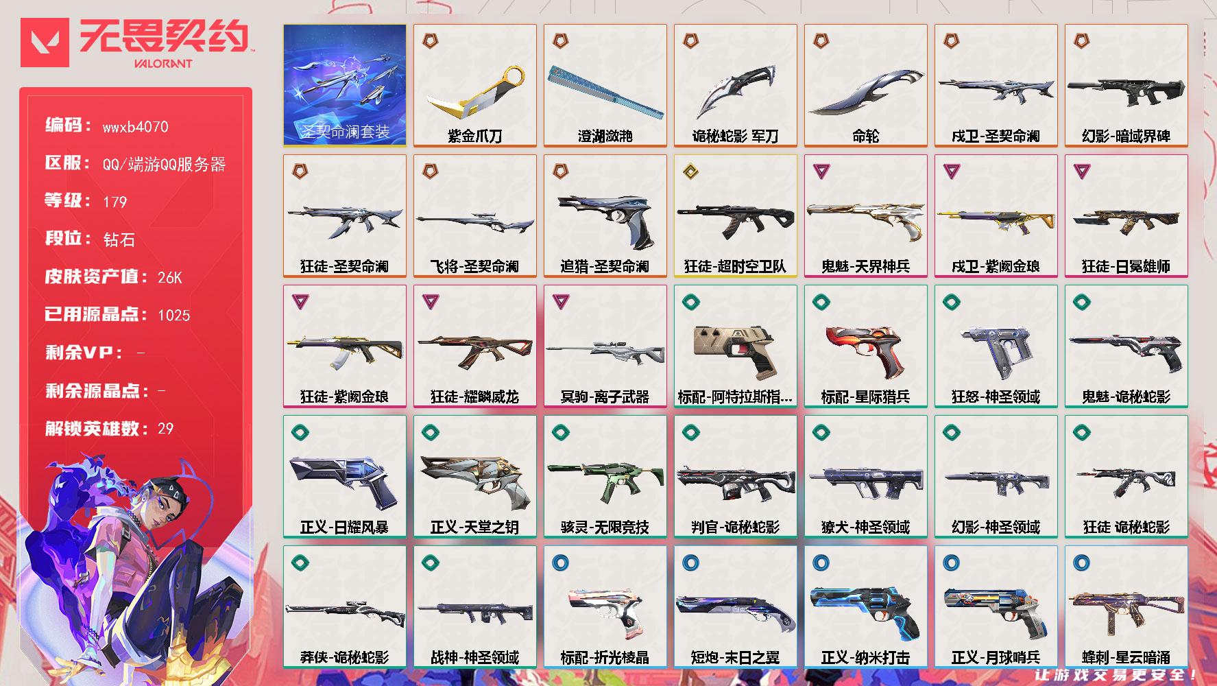 【wwxb4070】LV等级179/皮肤总价值26020/段位钻石/总皮肤数量56/刀皮数量4/枪皮数量52/套装数量1/具体详情请看图/追猎-圣契命澜/蜂刺-星云暗涌/蜂刺-折光棱晶/炼狱/维斯/暮蝶/壹决/铁臂/捷风/雷兹/幽影/不死鸟/贤者/猎枭/蝰蛇/零/芮娜/奇乐/尚勃勒/霓虹/斯凯/夜露/星礈/K/O/海神/盖可/黑梦/钢锁/钛狐/幻棱/禁灭/迷核/雄鹿-月球哨兵/骇灵-无限竞技/