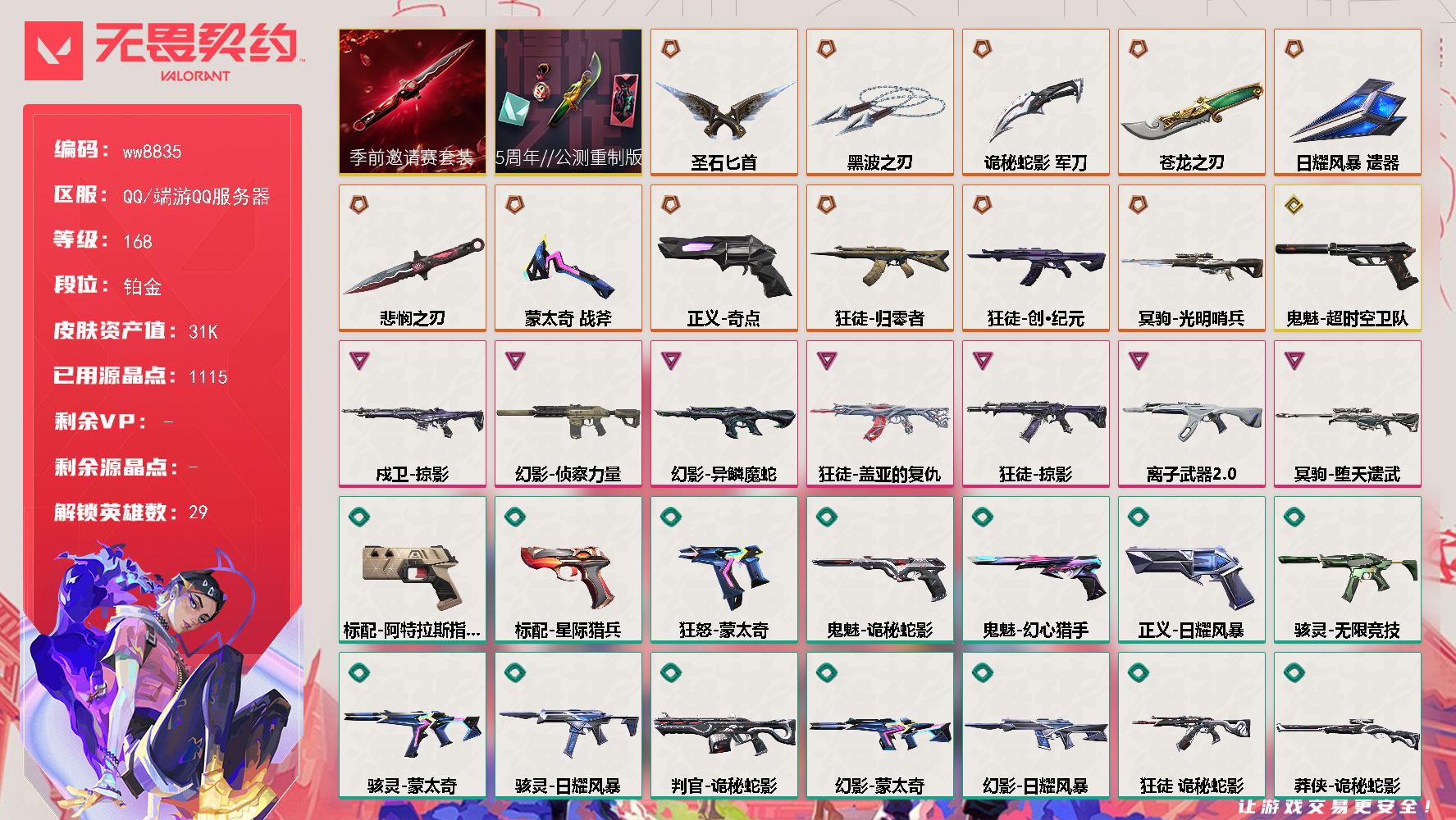 LV等级168/皮肤总价值31200/段位铂金/总皮肤数量71/刀皮数量7/枪皮数量64/套装数量2/具体详情请看图/追猎灵魂迸发/蜂刺折光棱晶/炼狱/维斯/暮蝶/壹决/铁臂/捷风/雷兹/幽影/不死鸟/贤者/猎枭/蝰蛇/零/芮娜/奇乐/尚勃勒/霓虹/斯凯/夜露/星礈/K/O/海神/盖可/黑梦/钢锁/钛狐/幻棱/禁灭/迷核/雄鹿幻语魔咒/雄鹿风暴之子/骇灵无限竞技/骇灵蒙太奇/骇灵日耀风暴/獠犬