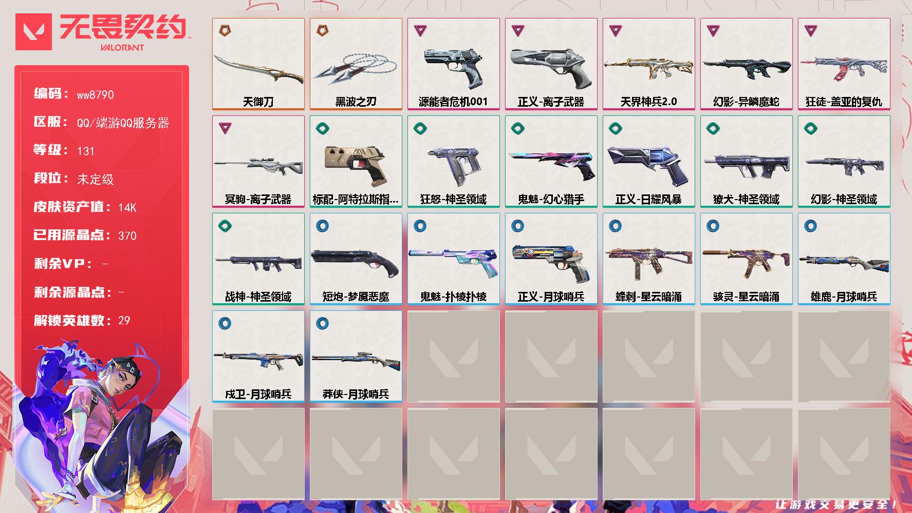 LV等级131/皮肤总价值14700/段位未定级/总皮肤数量25/刀皮数量2/枪皮数量23/具体详情请看图/蜂刺星云暗涌/炼狱/维斯/暮蝶/壹决/铁臂/捷风/雷兹/幽影/不死鸟/贤者/猎枭/蝰蛇/零/芮娜/奇乐/尚勃勒/霓虹/斯凯/夜露/星礈/K/O/海神/盖可/黑梦/钢锁/钛狐/幻棱/禁灭/迷核/雄鹿月球哨兵/骇灵星云暗涌/獠犬神圣领域/幻影天界神兵//2.0/幻影异鳞魔蛇/幻影神圣领域/嗨