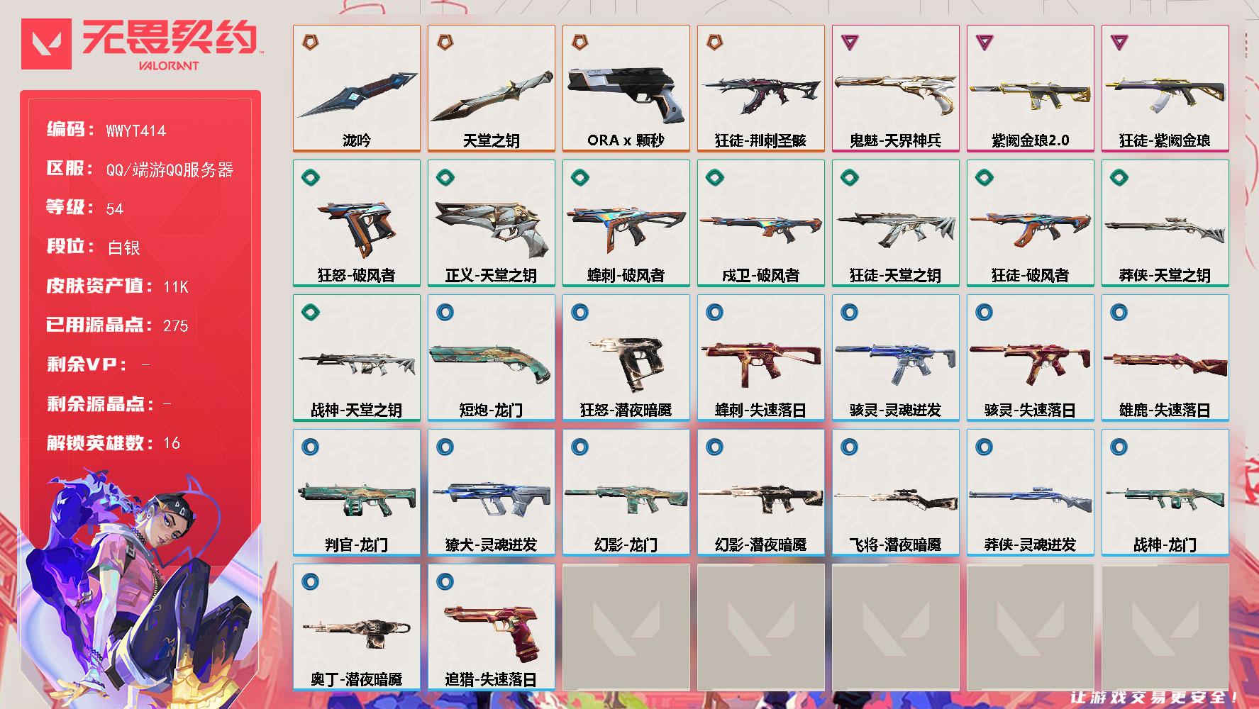 【WWYT414】LV等级54/皮肤总价值11030/段位白银/总皮肤数量31/刀皮数量2/枪皮数量29/具体详情请看图/追猎失速落日/蜂刺破风者/蜂刺失速落日/炼狱/暮蝶/壹决/铁臂/捷风/雷兹/幽影/不死鸟/贤者/猎枭/芮娜/尚勃勒/斯凯/夜露/幻棱/迷核/雄鹿失速落日/骇灵灵魂迸发/骇灵失速落日/獠犬灵魂迸发/判官龙门/幻影紫阙金琅//2.0/幻影龙门/幻影潜夜暗魇/买装还是存钱 喷漆/胜利属于无畏契约 喷漆/GLHF 喷漆/无畏契约 喷漆/戍卫破风者/无畏契约GO第一卷芮娜 卡面/无畏契约GO第一卷零 卡面/代号红色 卡面/新兵报到 卡面/V契约 卡面/无畏契约 卡面/近战武器泷吟/近战武器天堂之钥/飞将潜夜暗魇/狂徒荆刺圣骸/狂徒紫阙金琅/狂徒天堂之钥/狂徒破风者/天外飞客 挂饰/无畏契约 纪念币 挂饰/短炮龙门/狂怒破风者/狂怒潜夜暗魇/鬼魅天界神兵/正义ORA x 颗秒/正义天堂之钥/战神天堂之钥/战神龙门/莽侠天堂之钥/莽侠灵魂迸发/奥丁潜夜暗魇