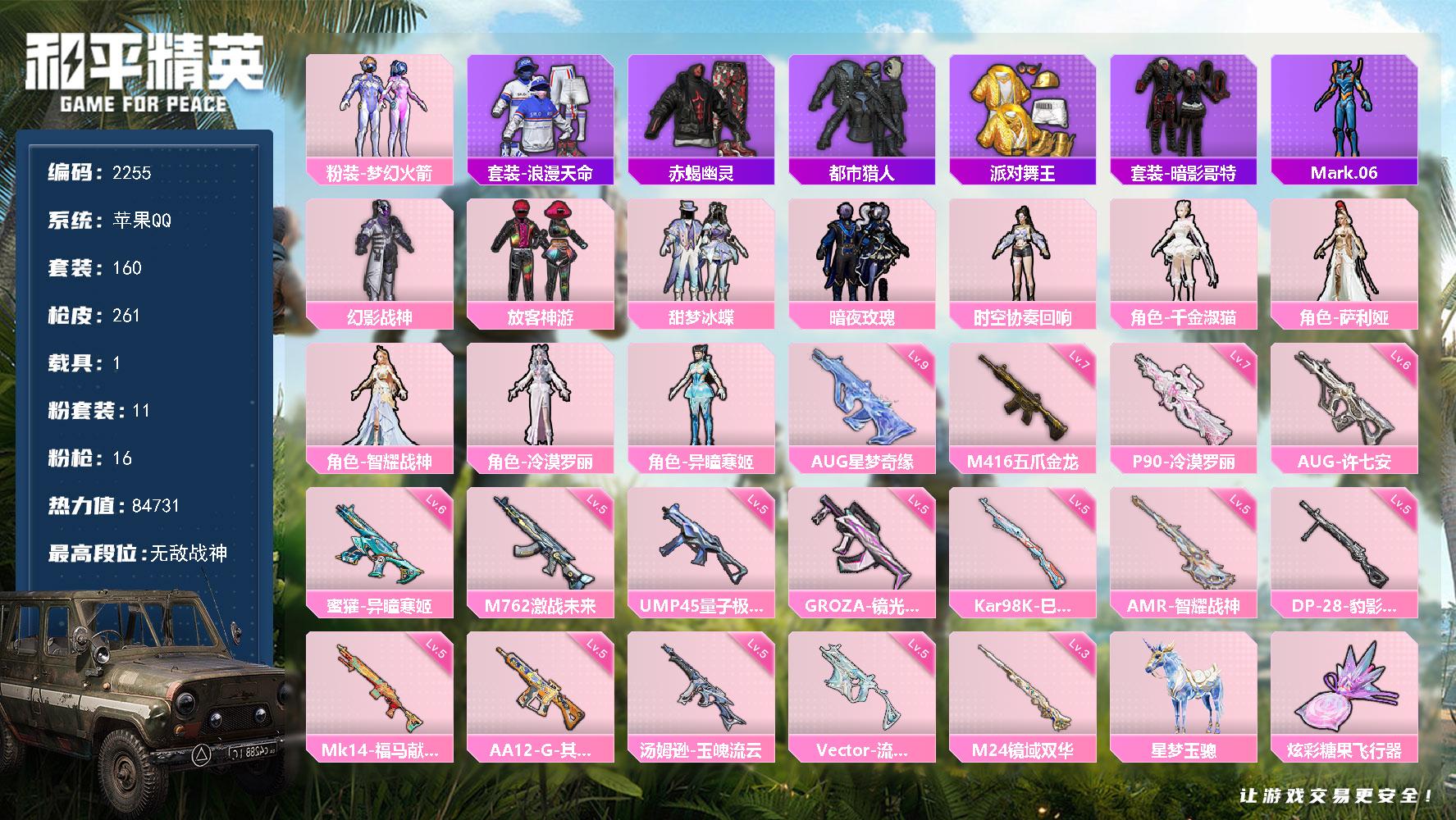 【2255】160套装/枪械16/装备356/载具1/战备173/王牌印记10/热力值84731/梦幻火箭背包(3级)/梦幻火箭背包(1级)/百万伏特背包(2级)/幻影战神背包(2级)/萌熊伴侣背包(3级)/萌熊伴侣背包(2级)/萌熊伴侣背包(1级)/深海小丑鱼背包(3级)/深海小丑鱼背包(2级)/