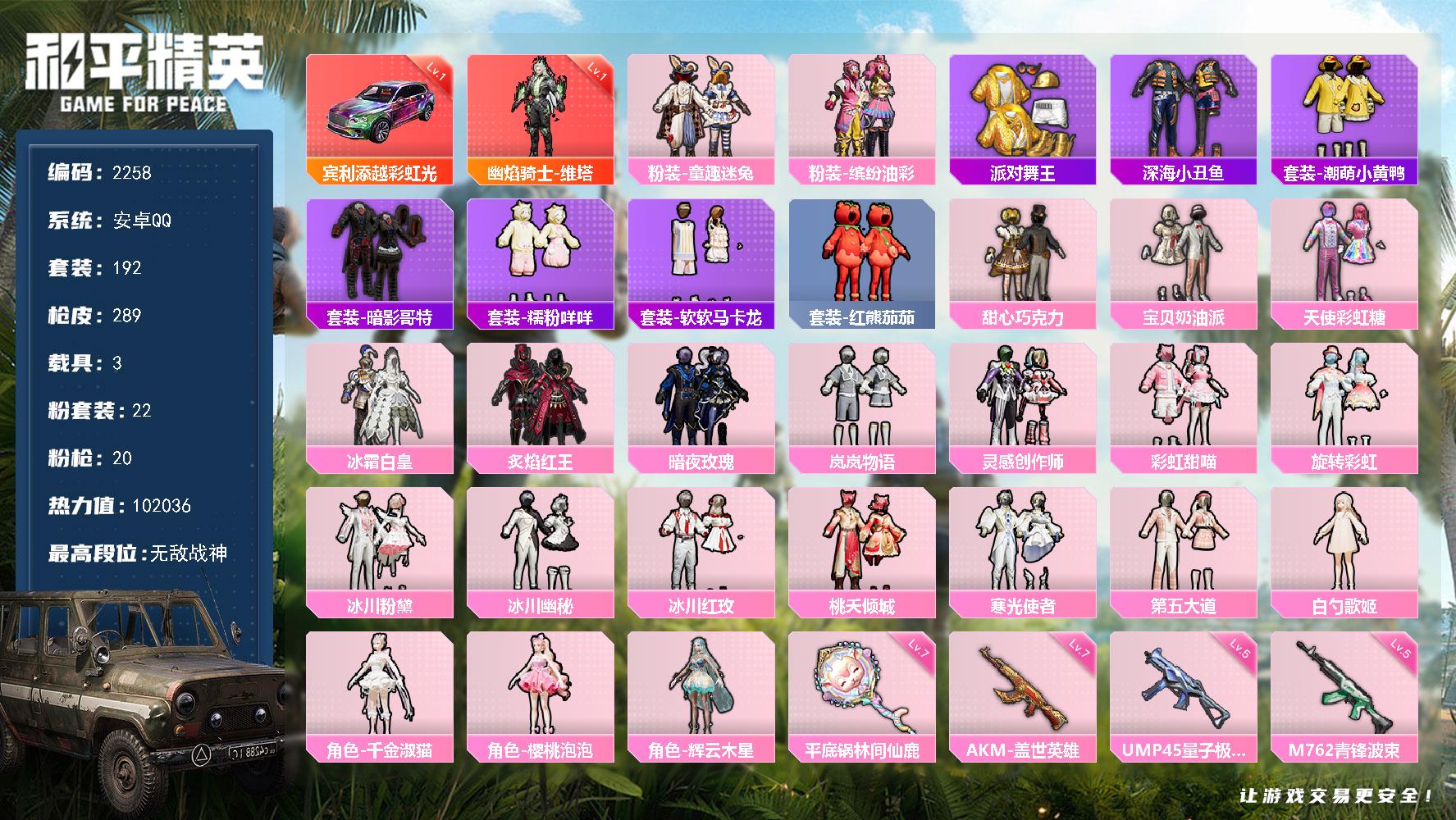 【2258】192套装/枪械20/装备430/载具3/战备208/王牌印记18/热力值/甜心宝贝背包(3级)/甜心宝贝背包(2级)/甜心宝贝背包(1级)/深海小丑鱼背包(3级)/深海小丑鱼背包(2级)/甜心宝贝头盔(3级)/甜心宝贝头盔(2级)/甜心宝贝头盔(1级)/童趣迷兔/缤纷油彩/